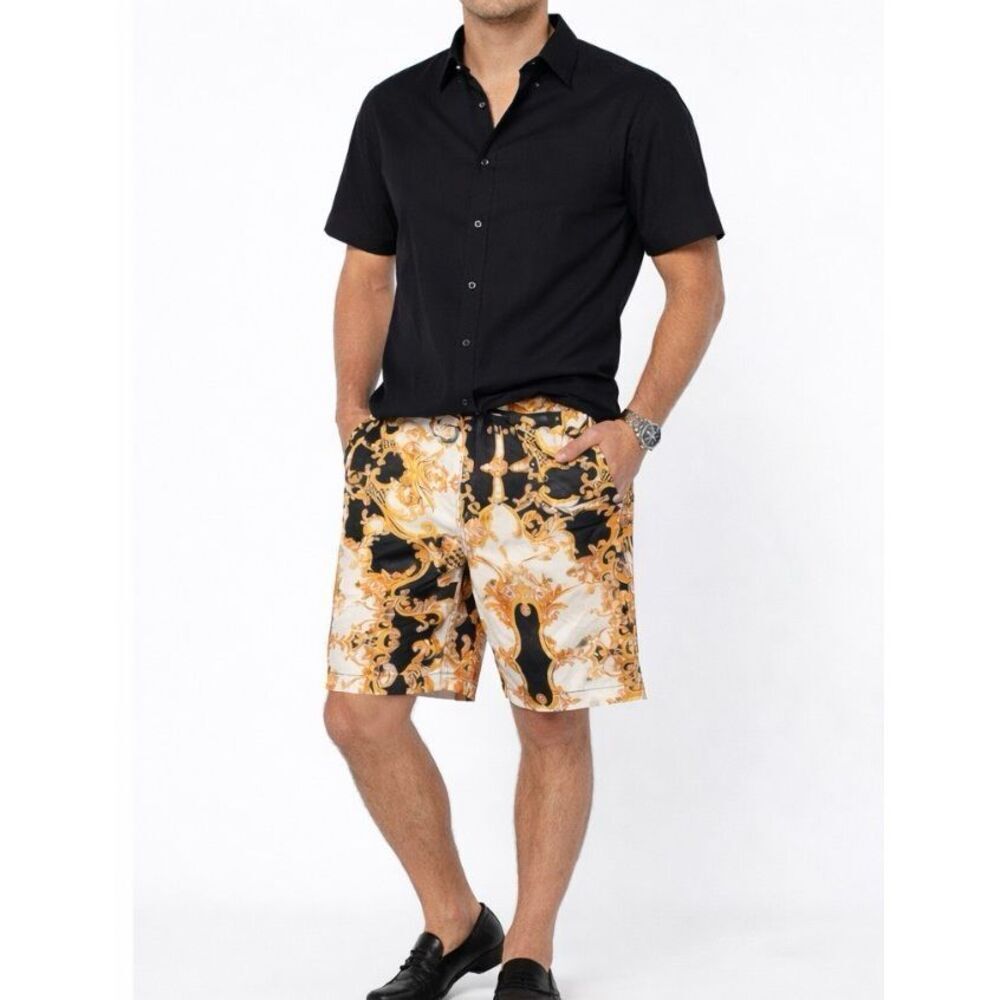Baroque Gold Mens Shorts Black Gold Baroque Print Drawstring Luxury Size Small